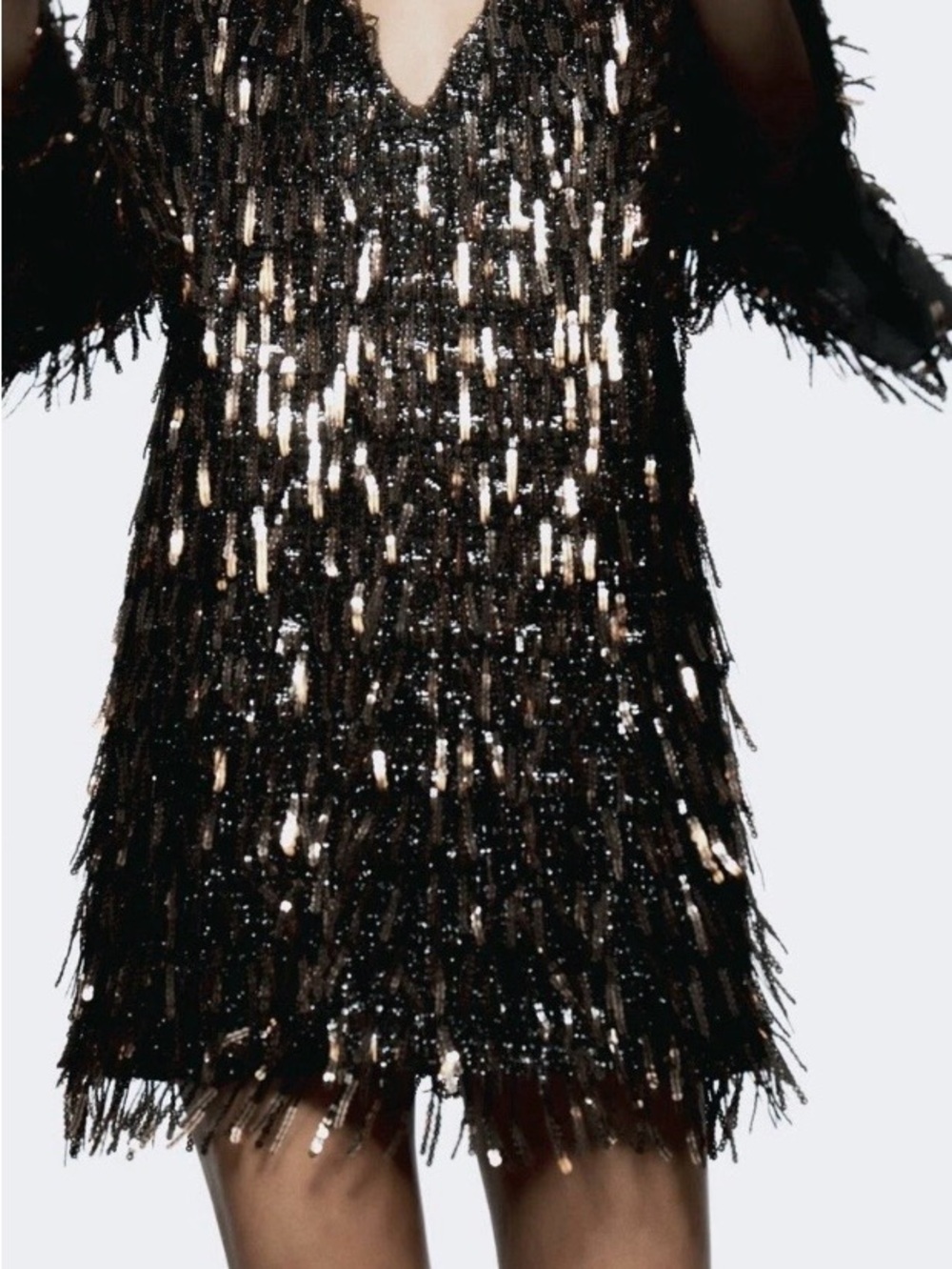 ZARA BLACK AND GOLD SEQUIN FRINGED MINI DRESS SIZE MEDIUM NWT